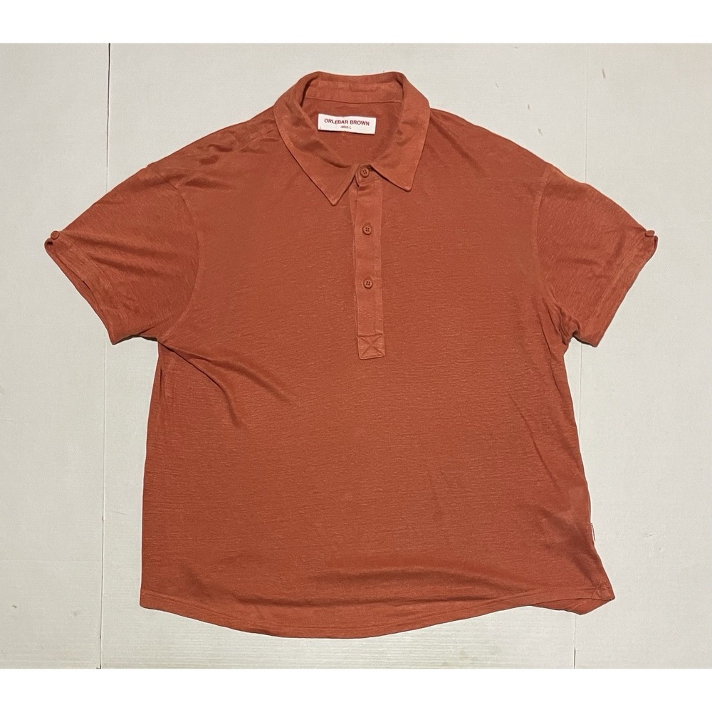 Orlebar Brown Polo Shirt Mens Large Rust Orange 100% Linen Portugal Short Sleeve